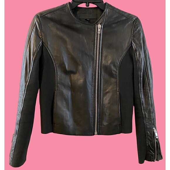 rag & bone harrison moto lamb leather jacket size 0 black zip ribbed knit panel - Picture 5 of 13